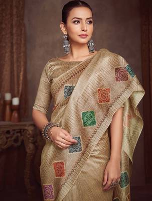 beige bandhani embroidered silk cotton designer tussar saree 1