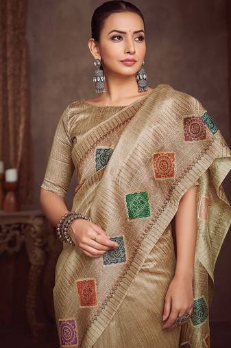 beige bandhani embroidered silk cotton designer tussar saree