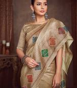 beige bandhani embroidered silk cotton designer tussar saree