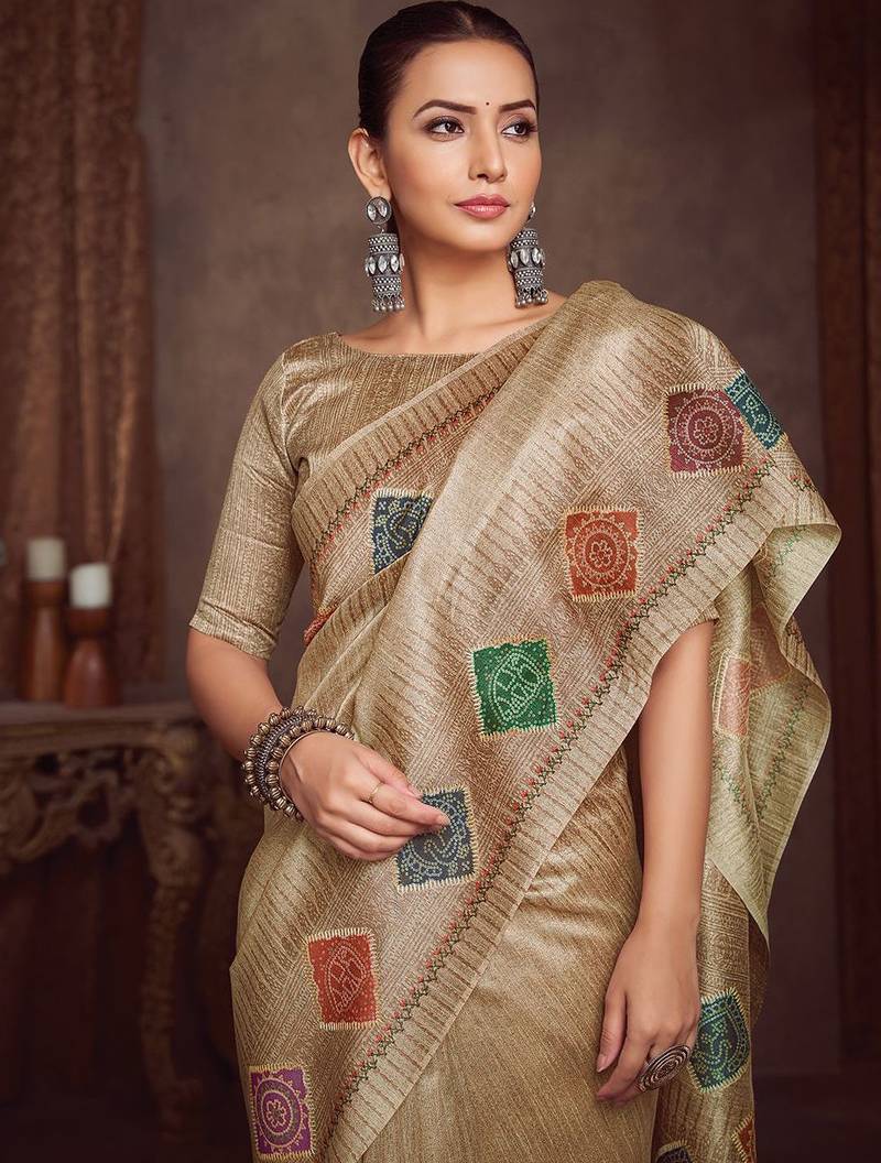 beige bandhani embroidered silk cotton designer tussar saree