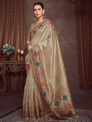 beige bandhani embroidered silk cotton designer tussar saree 2