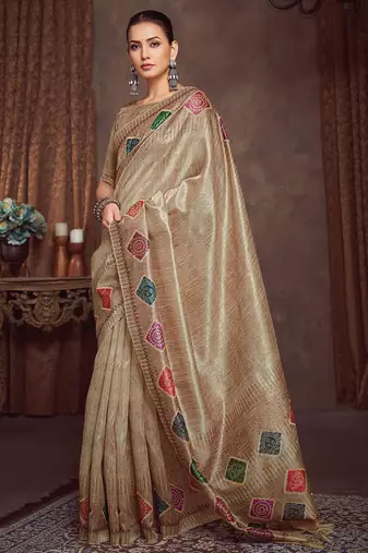 beige bandhani embroidered silk cotton designer tussar saree
