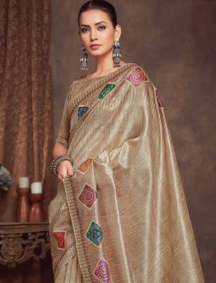 beige bandhani embroidered silk cotton designer tussar saree 3