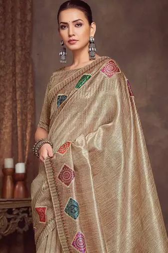 beige bandhani embroidered silk cotton designer tussar saree