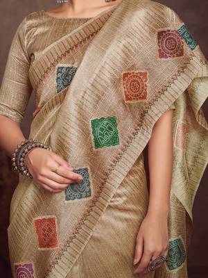 beige bandhani embroidered silk cotton designer tussar saree 4