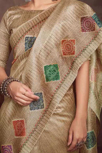 beige bandhani embroidered silk cotton designer tussar saree