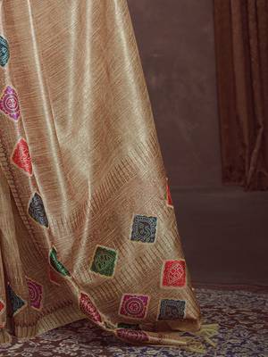beige bandhani embroidered silk cotton designer tussar saree 5