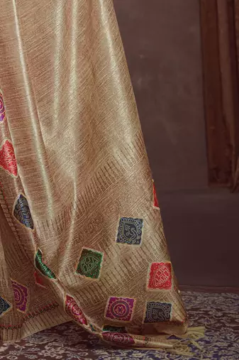 beige bandhani embroidered silk cotton designer tussar saree
