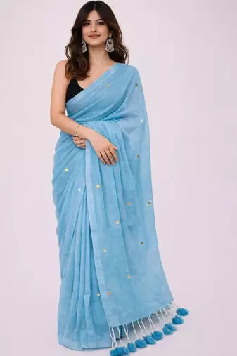 blue mirror work pure cotton handloom khadi saree