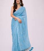 blue mirror work pure cotton handloom khadi saree