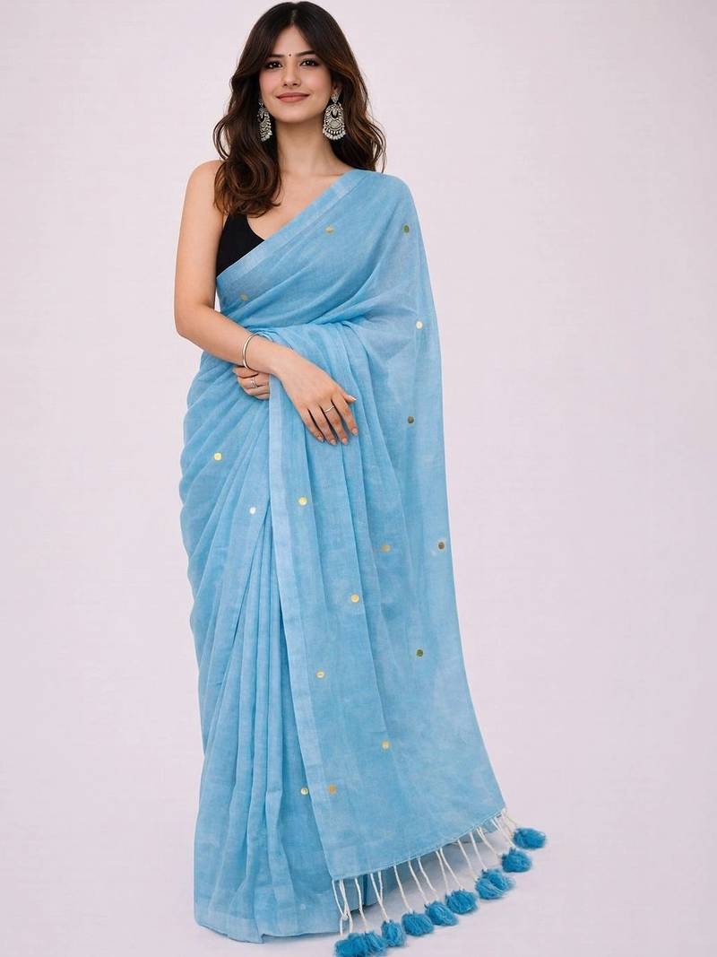 blue mirror work pure cotton handloom khadi saree