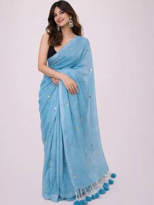 blue mirror work pure cotton handloom khadi saree 2