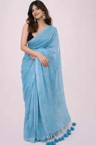 blue mirror work pure cotton handloom khadi saree