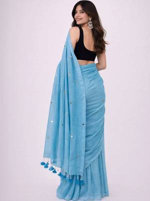blue mirror work pure cotton handloom khadi saree 3