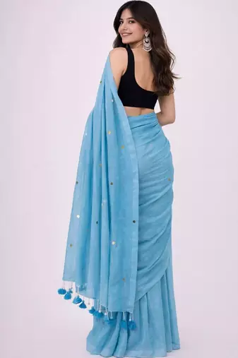 blue mirror work pure cotton handloom khadi saree