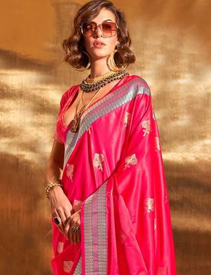 pink woven design zari satin banarasi saree 1