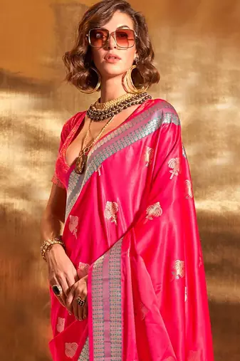 pink woven design zari satin banarasi saree