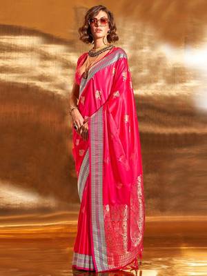 pink woven design zari satin banarasi saree 2