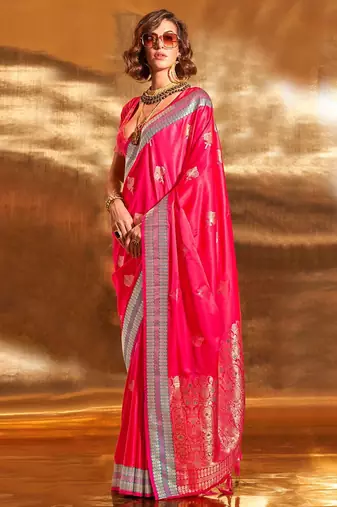 pink woven design zari satin banarasi saree