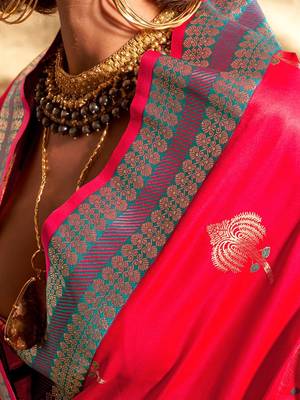 pink woven design zari satin banarasi saree 4