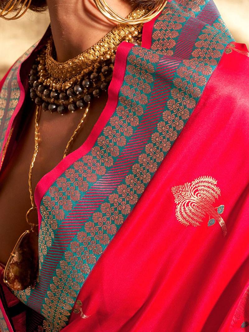 pink woven design zari satin banarasi saree