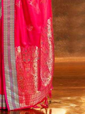 pink woven design zari satin banarasi saree 5
