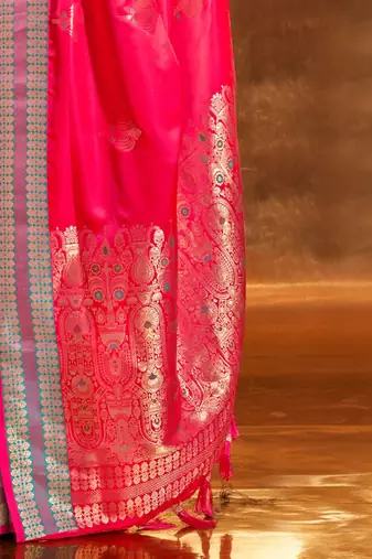 pink woven design zari satin banarasi saree