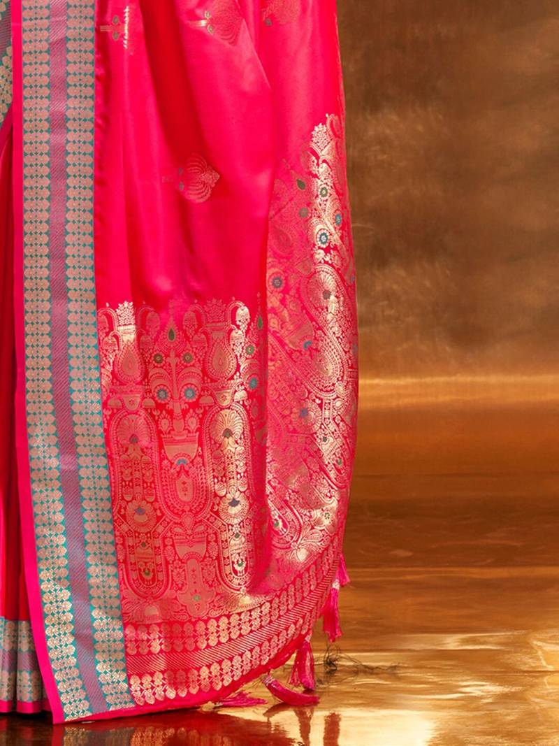 pink woven design zari satin banarasi saree