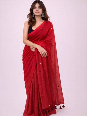 red mirror work pure cotton handloom khadi saree 1