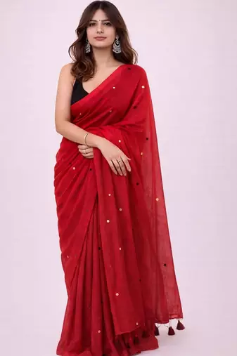 red mirror work pure cotton handloom khadi saree