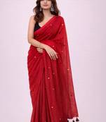 red mirror work pure cotton handloom khadi saree