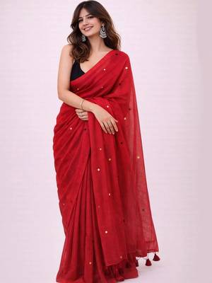 red mirror work pure cotton handloom khadi saree 2