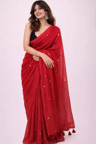 red mirror work pure cotton handloom khadi saree
