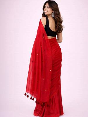 red mirror work pure cotton handloom khadi saree 3
