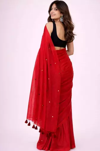red mirror work pure cotton handloom khadi saree