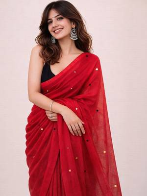 red mirror work pure cotton handloom khadi saree 5