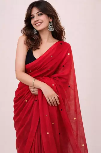 red mirror work pure cotton handloom khadi saree