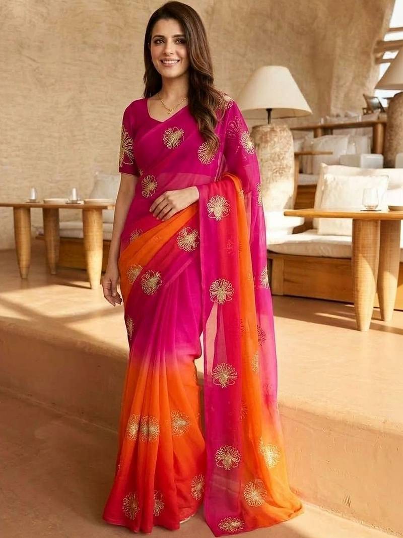 multicolor floral zari satin saree