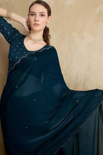 blue mirror work on border organza saree