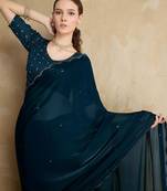 blue mirror work on border organza saree