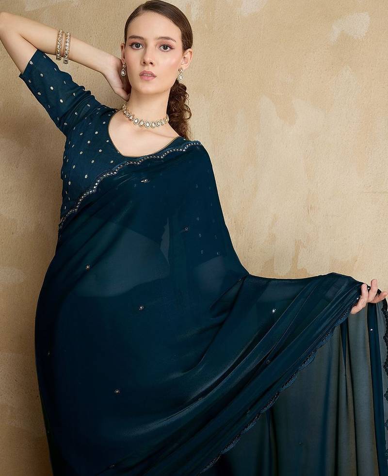 blue mirror work on border organza saree