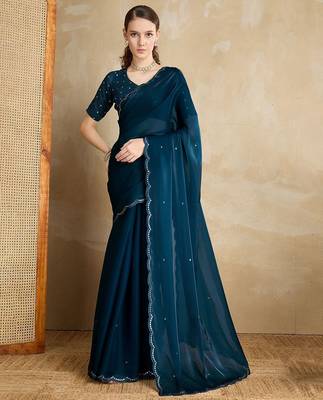 blue mirror work on border organza saree 2