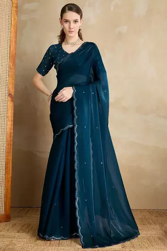 blue mirror work on border organza saree