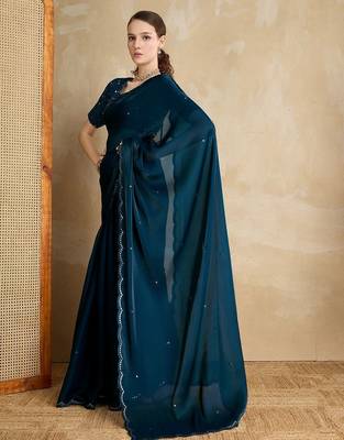 blue mirror work on border organza saree 3
