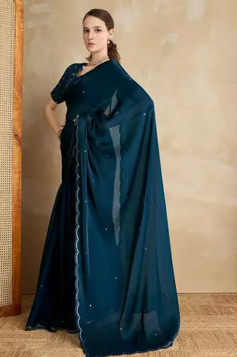 blue mirror work on border organza saree