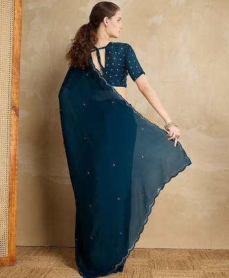 blue mirror work on border organza saree 4