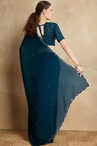 blue mirror work on border organza saree