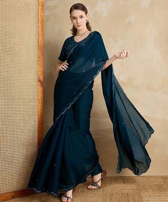 blue mirror work on border organza saree 5