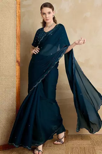 blue mirror work on border organza saree