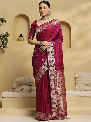magenta ethnic motifs woven design zari banarasi silk saree with blouse 1